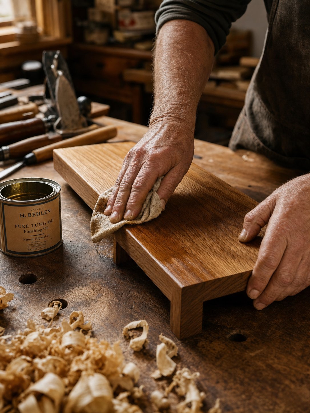 Craftsman's hands applying oil finish to a solid oak shelf in the workshop