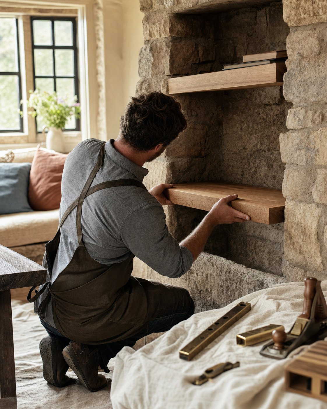 A craftsman fitting bespoke oak floating shelves into a stone alcove of a Yorkshire Dales cottage