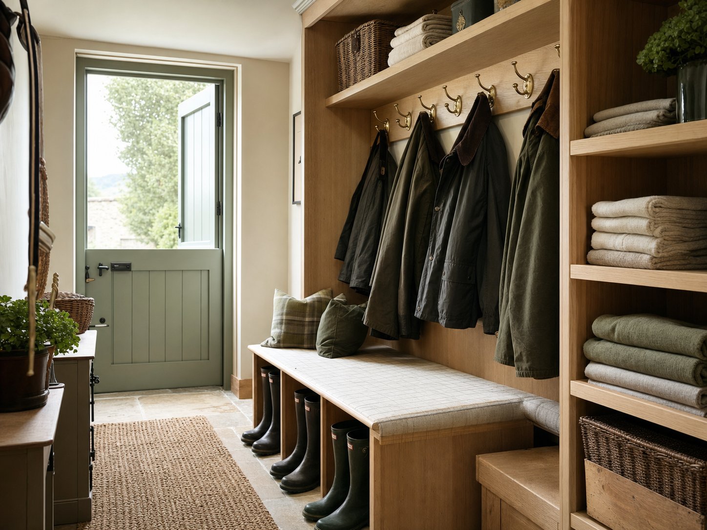 Organised boot room with fitted bench, hooks and shelving