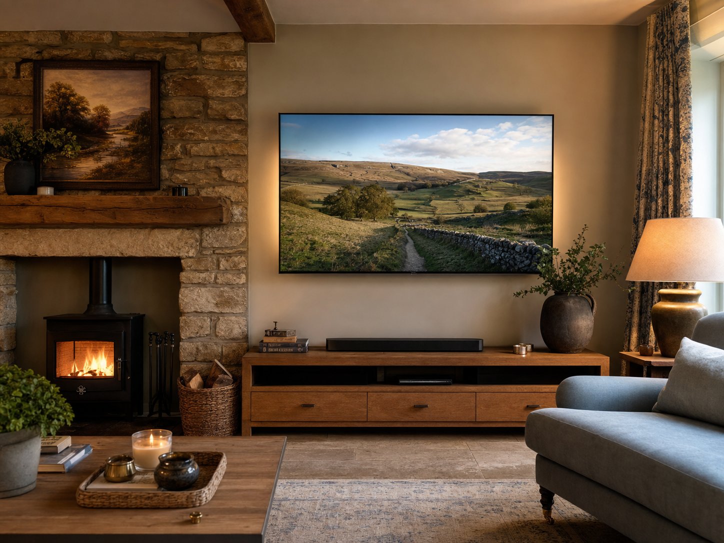 Wall-mounted television with hidden cables above a stone fireplace