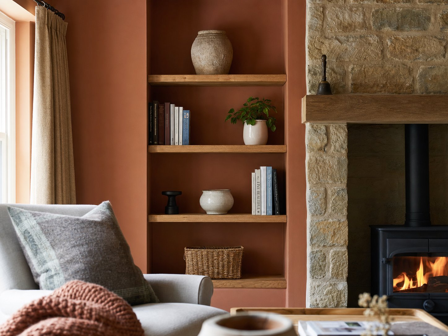 Finished bespoke oak floating shelves styled in a stone alcove